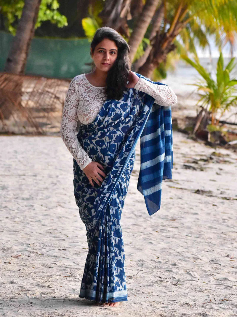 Bliss Indigo Mul Cotton Saree