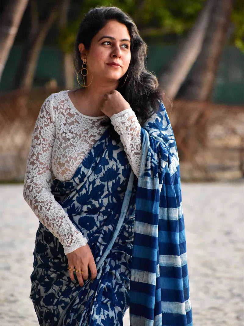 indigo floral cotton saree