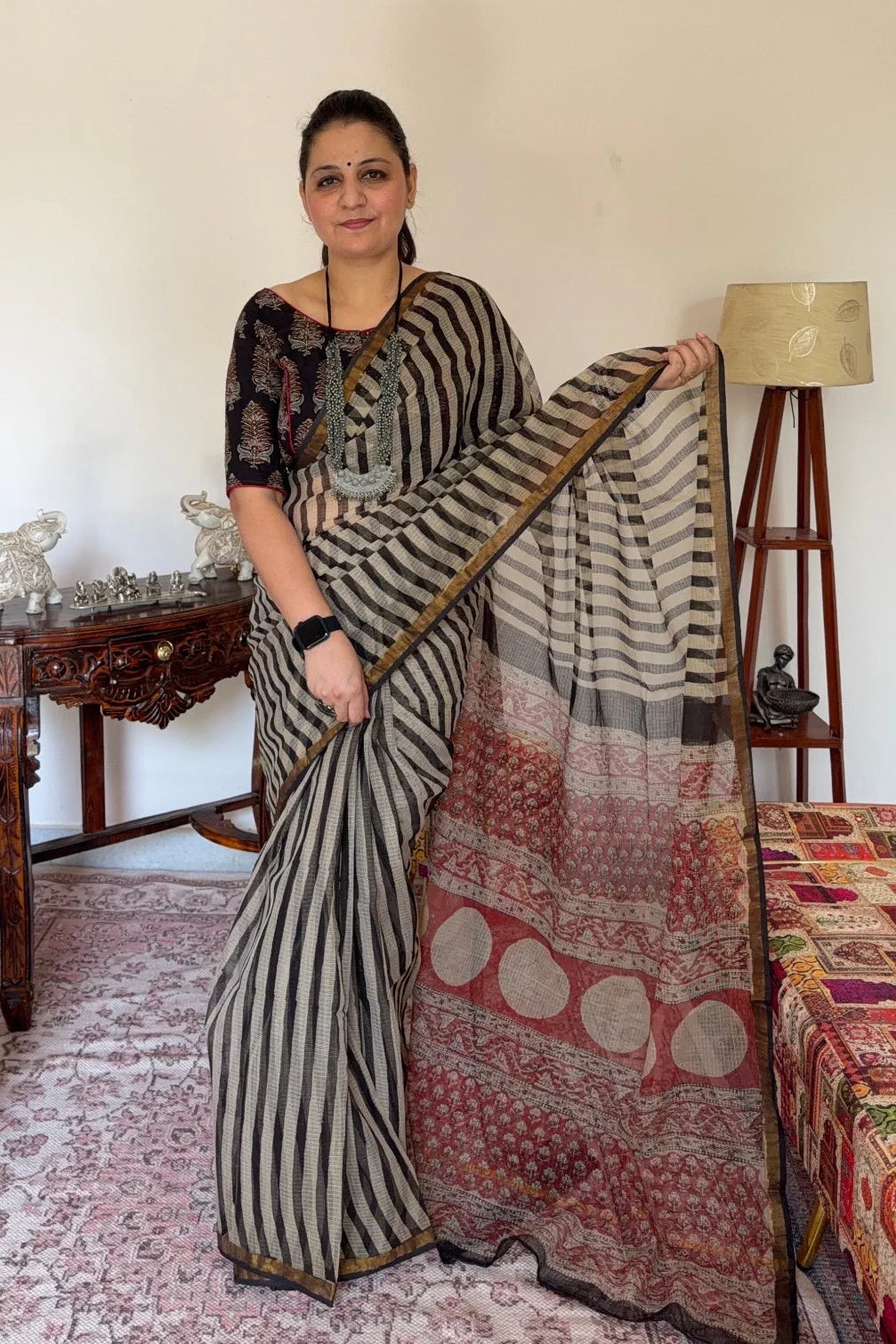 Handblock Kota Doria Striped Saree