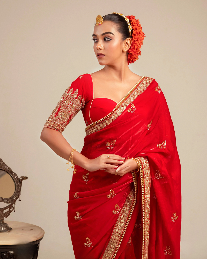 Blood Red Georgette Embroidered Party Blouse