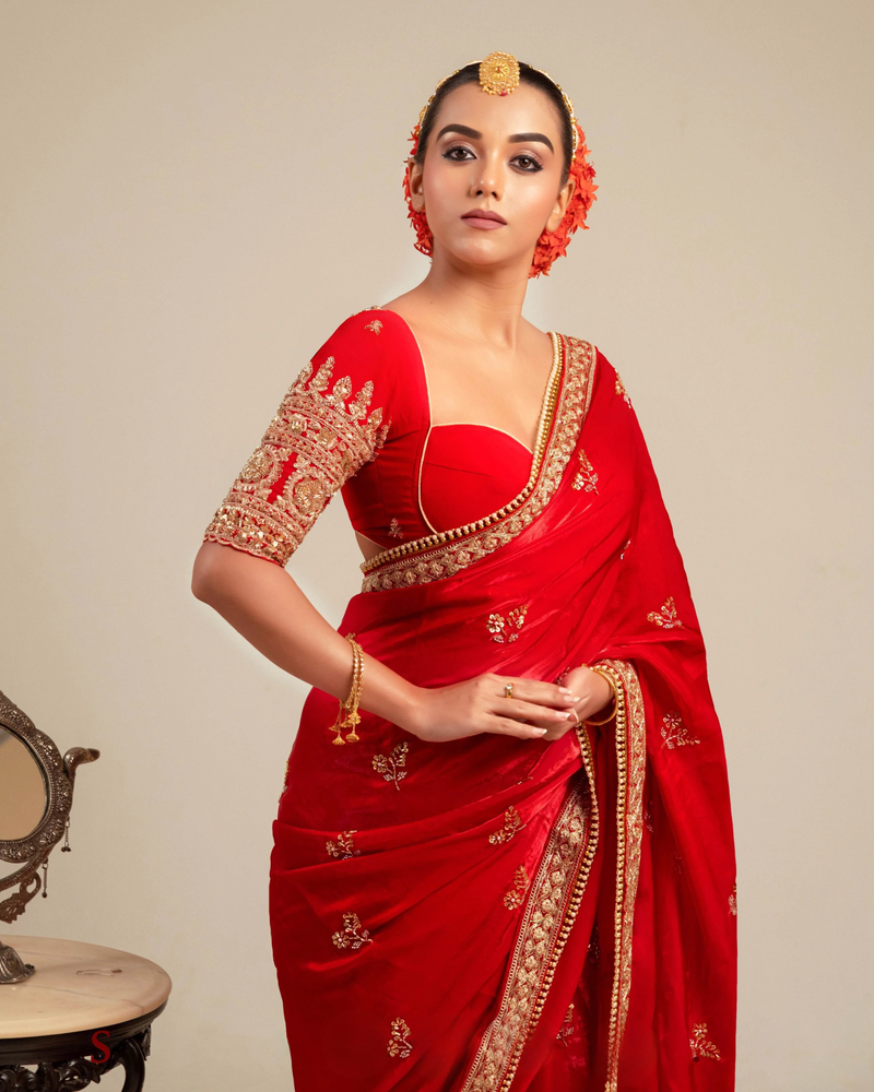 Blood Red Georgette Embroidered Party Blouse