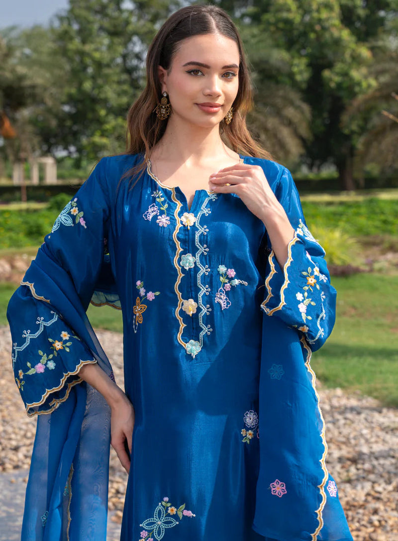 Women's Blue Embroidered Festive Ethnic Suit