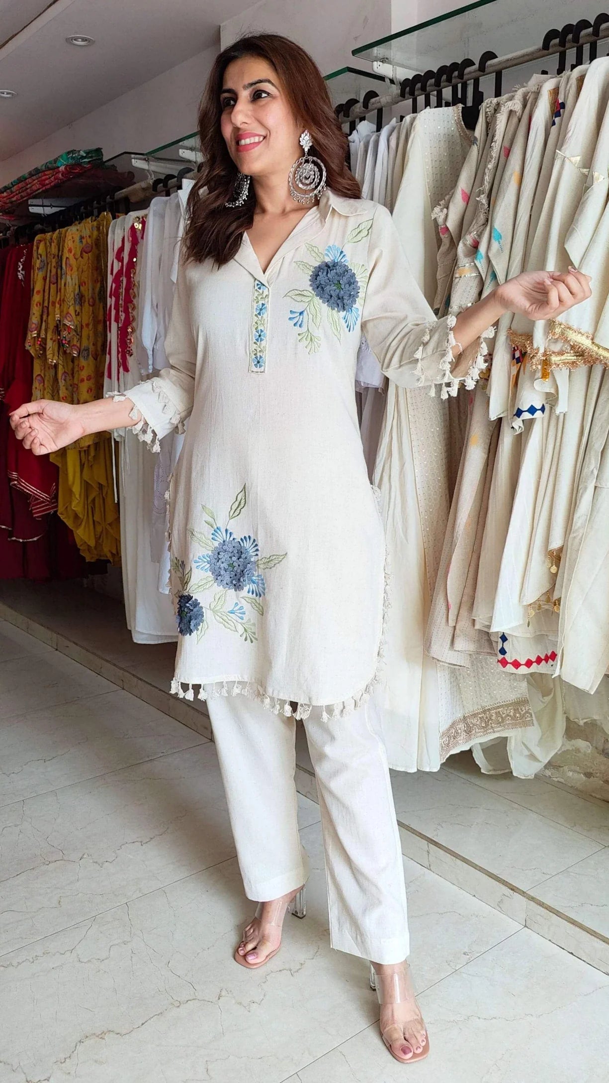 Off White Blue Floral Embroidered Coord