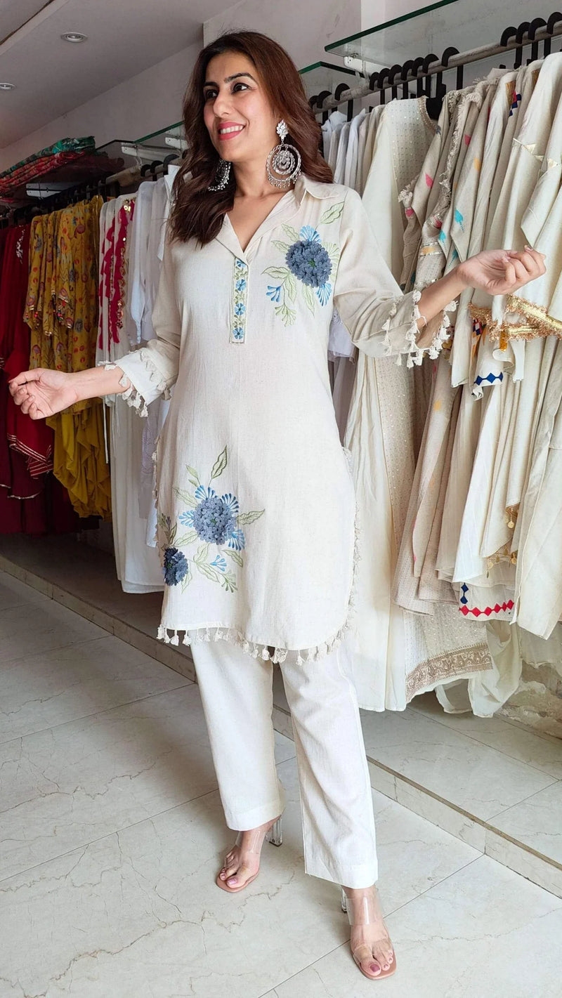 Off White Blue Floral Embroidered Coord