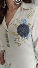 Off White Blue Floral Embroidered Coord