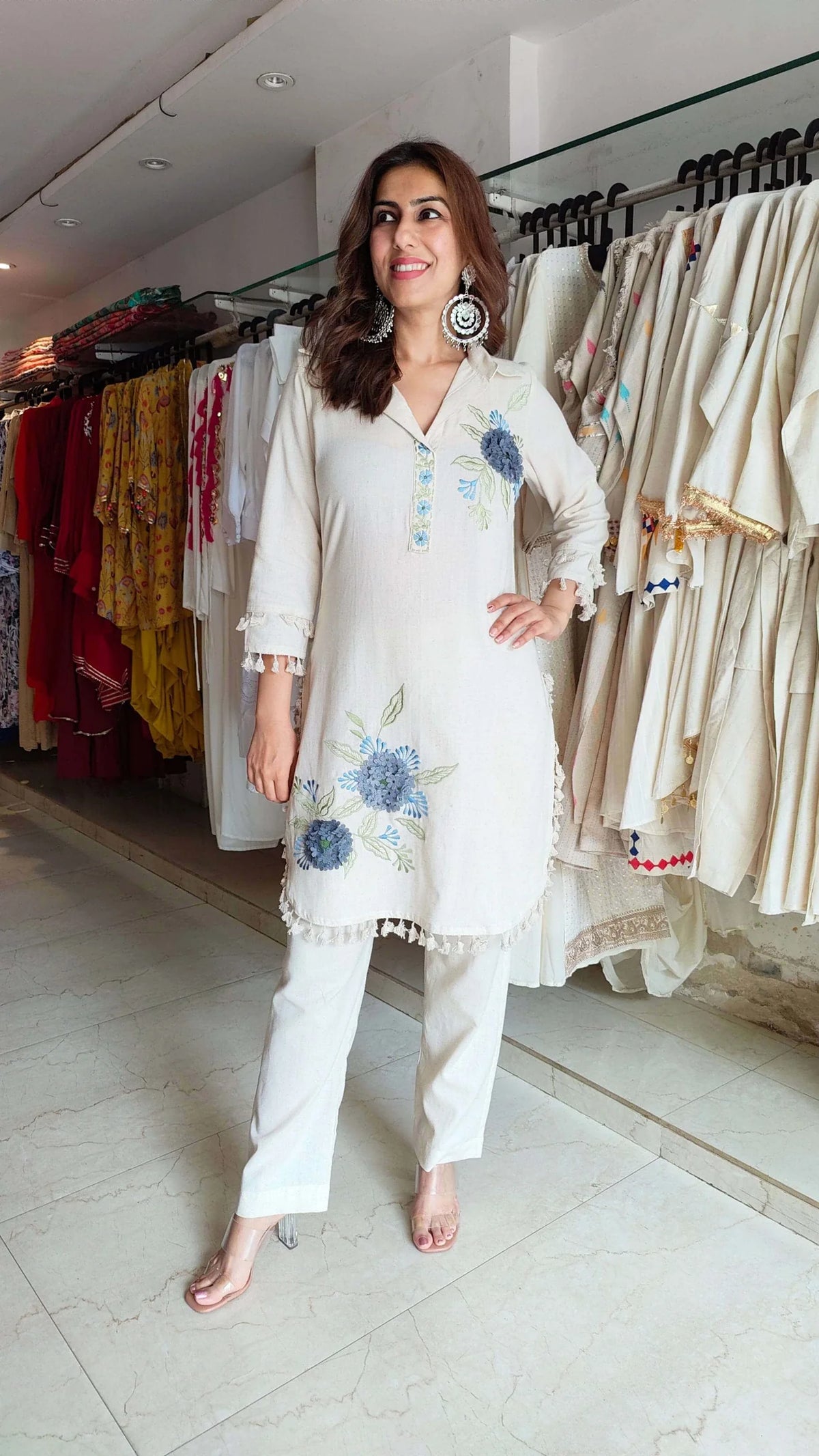 Off White Blue Floral Embroidered Coord