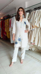 Off White Blue Floral Embroidered Coord