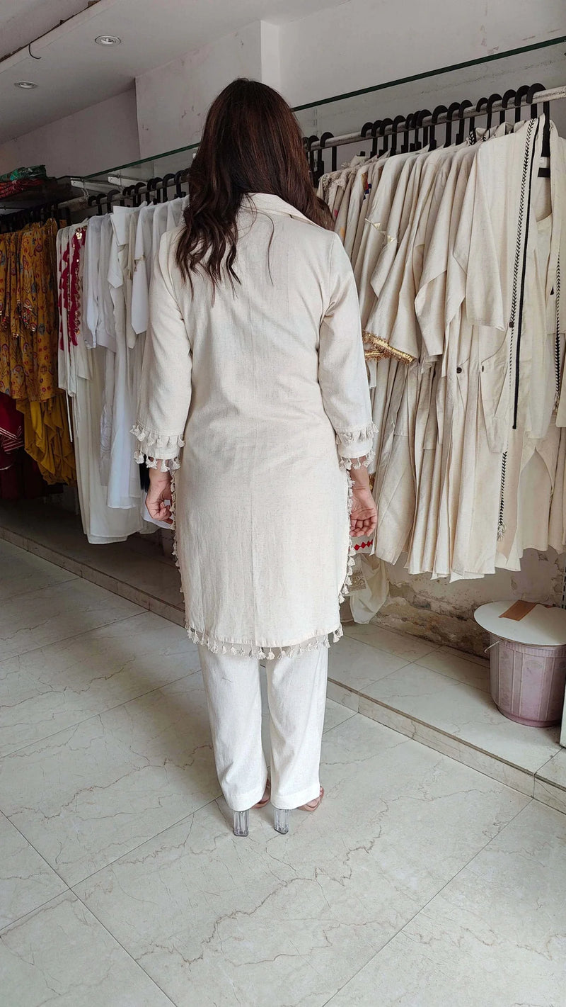 Off White Blue Floral Embroidered Coord