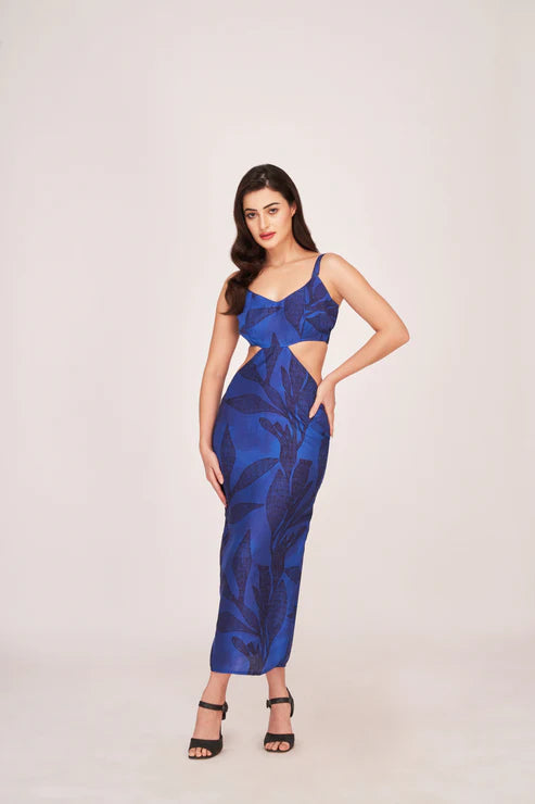 Blue Floral Silk Midi Dress