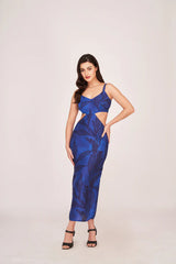 Blue Floral Silk Midi Dress