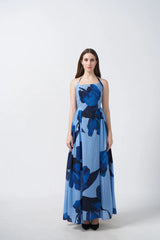 Blue Tie-back Ankle Length Dress
