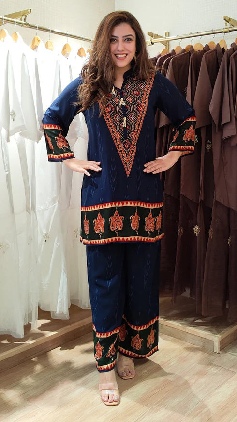 Red Ethnic V-Neck Co-ord Set with Paisley Border Detailing
