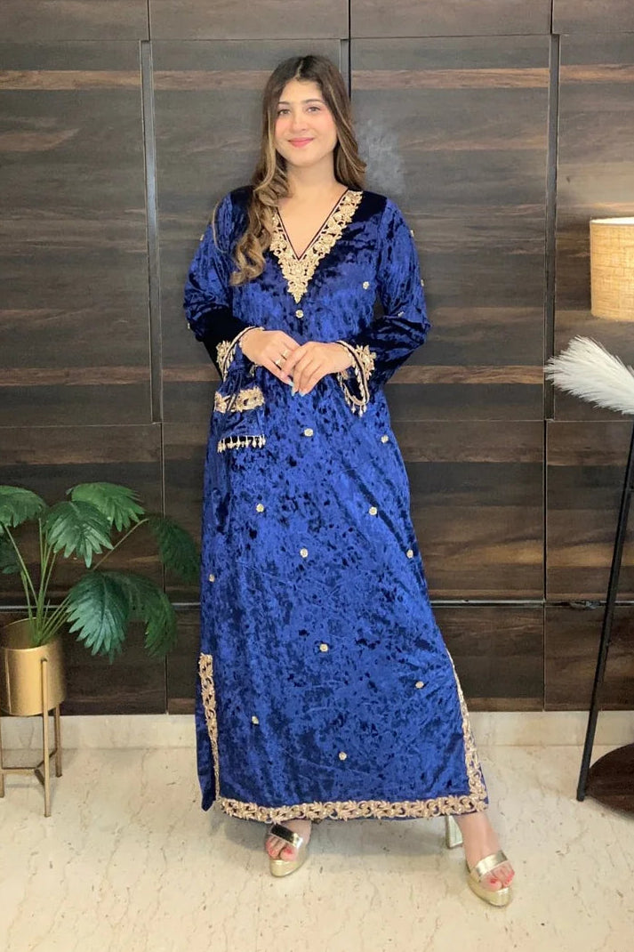 Royal Blue Velvet Indo-Western Kaftan Dress With Potli Bag