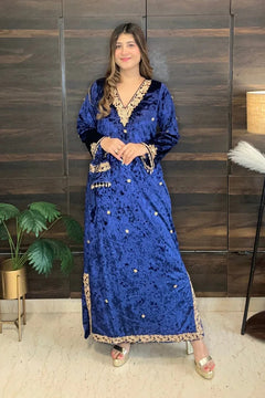 Royal Blue Velvet Indo-Western Kaftan Dress With Potli Bag