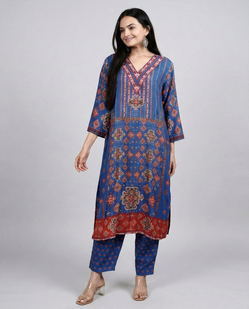 Blue Pure Cotton Rayon Kurta Set