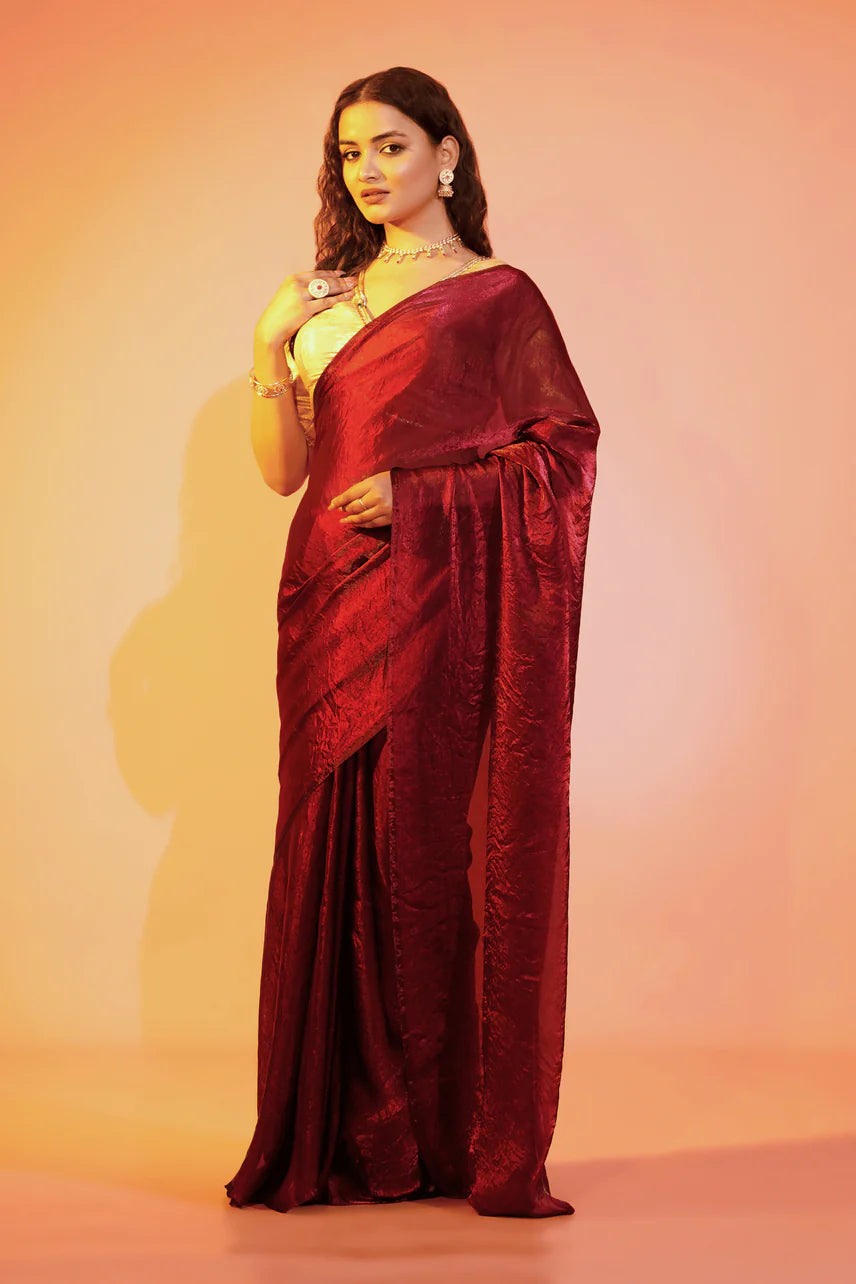 Bold in Burgundy Maroon Burbery Saree with Stitched Blouse