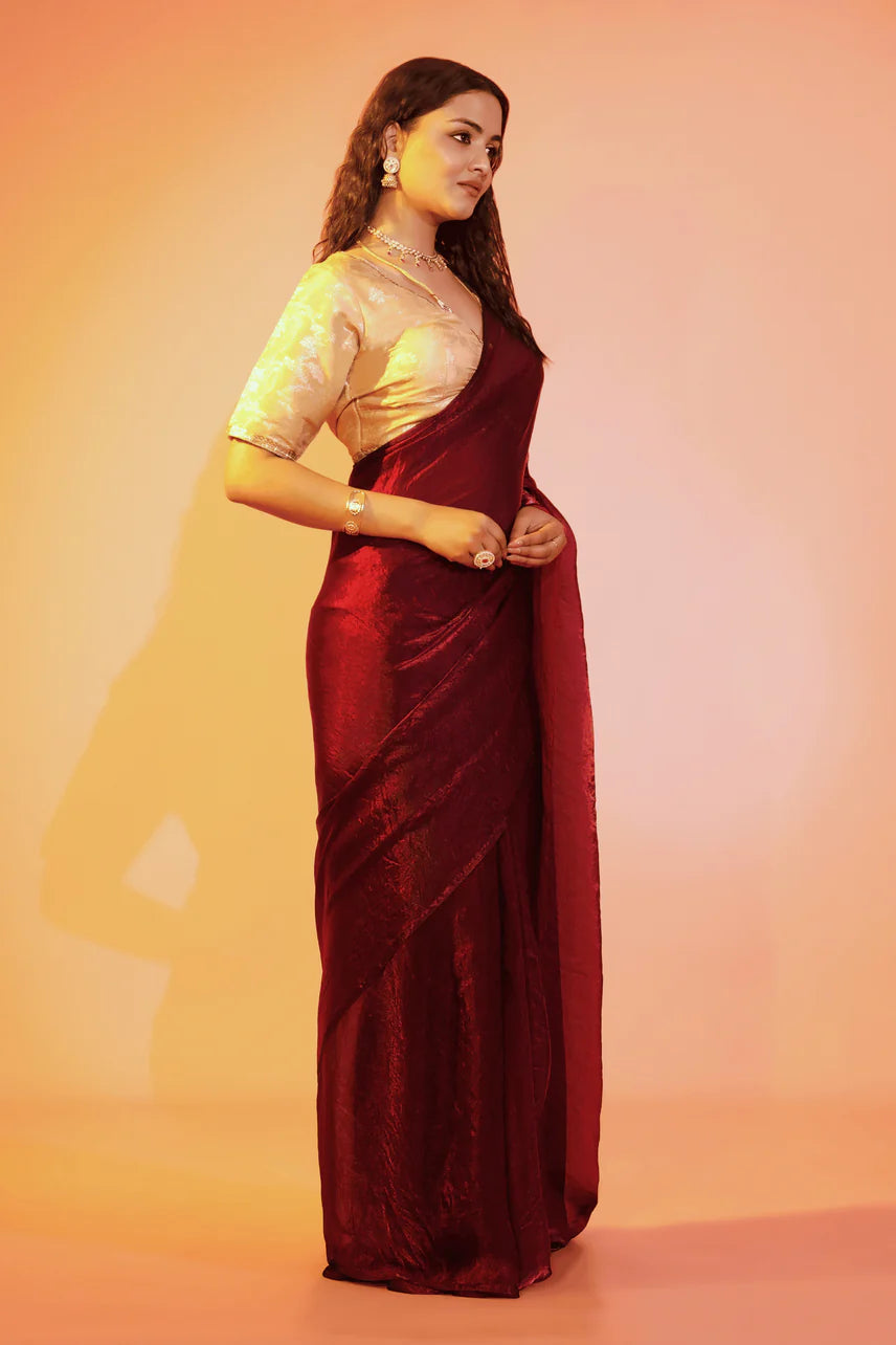 Bold in Burgundy Maroon Burbery Saree with Stitched Blouse