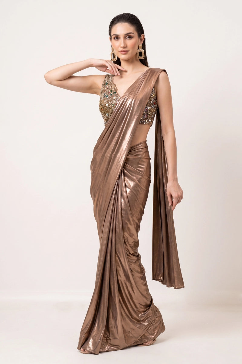 Bronze Embellished Jewel Pre-Draped Saree Set