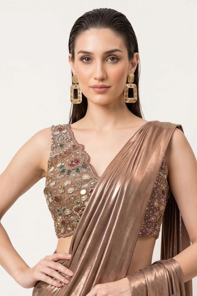 Bronze Embellished Jewel Pre-Draped Saree Set