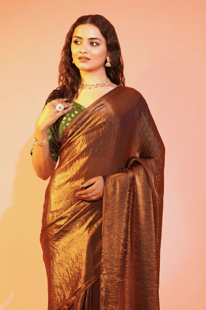 Bronze Beauty Copper Burbery Saree with Stitched Blouse
