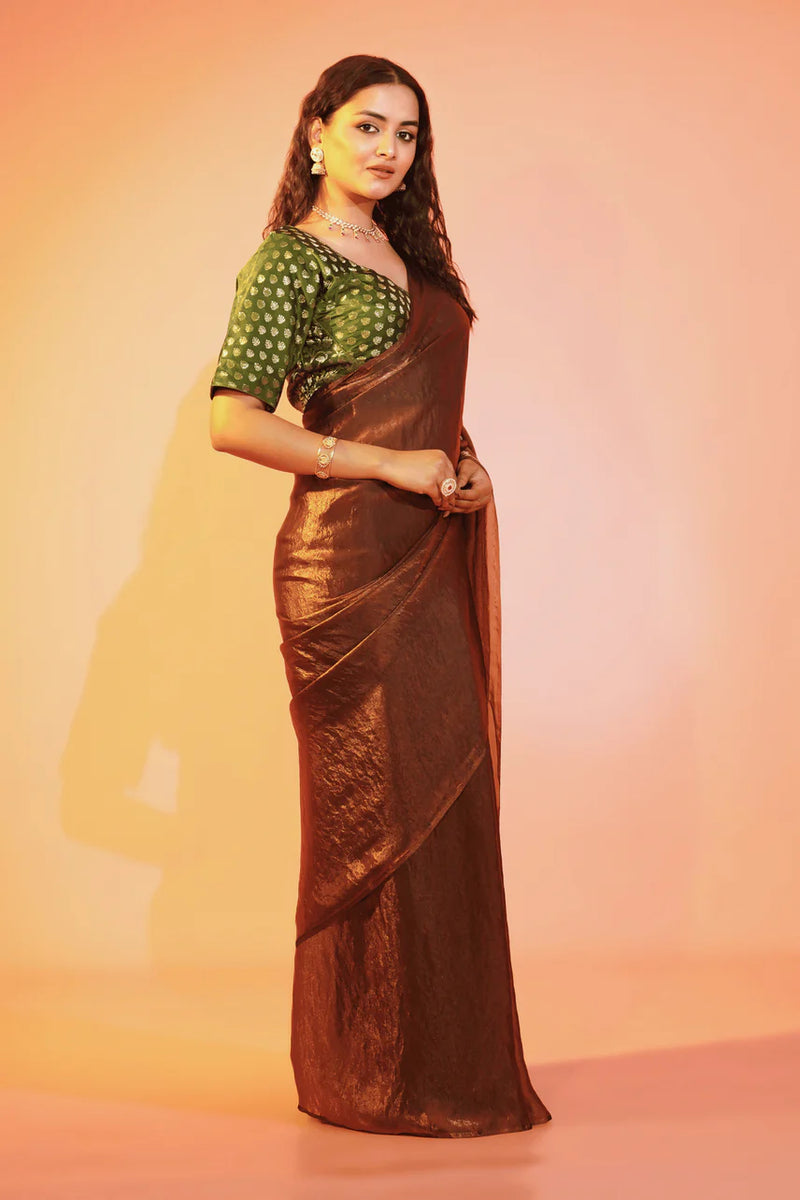 Bronze Beauty Copper Burberry Pre-stitched Saree