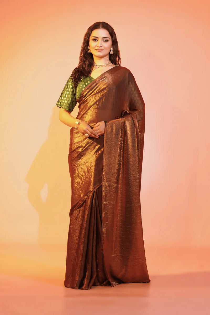 Bronze Beauty Copper Burberry Pre-stitched Saree
