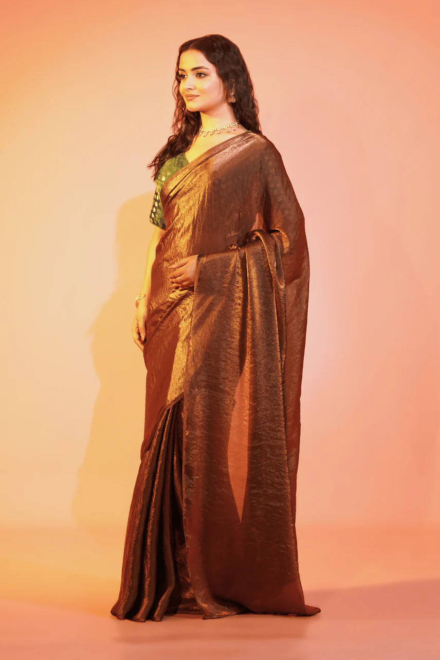 Bronze Beauty Copper Burbery Saree with Stitched Blouse