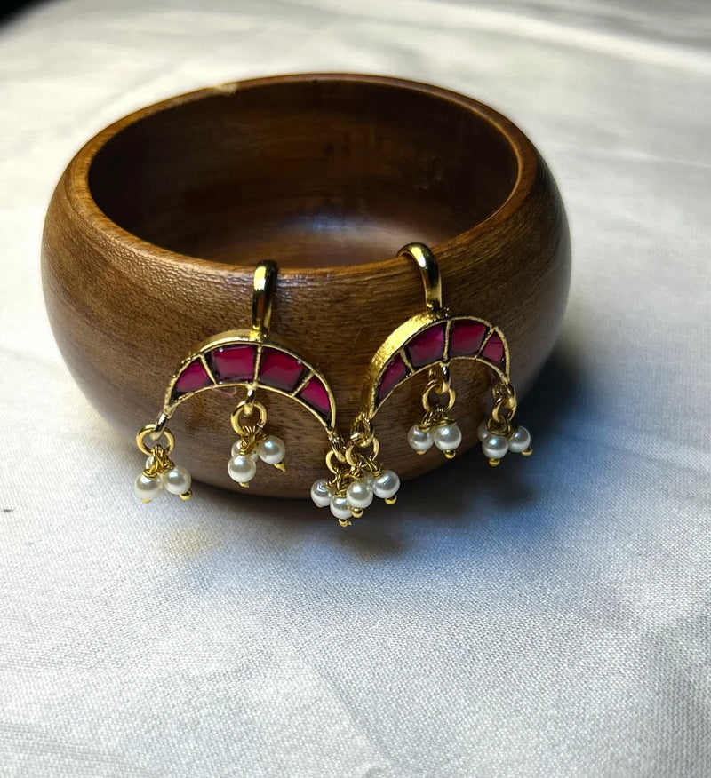 CZ Crescent Moon Bugdi Earrings with Pearl Drops Traditional Maharashtrian Ear Cuff