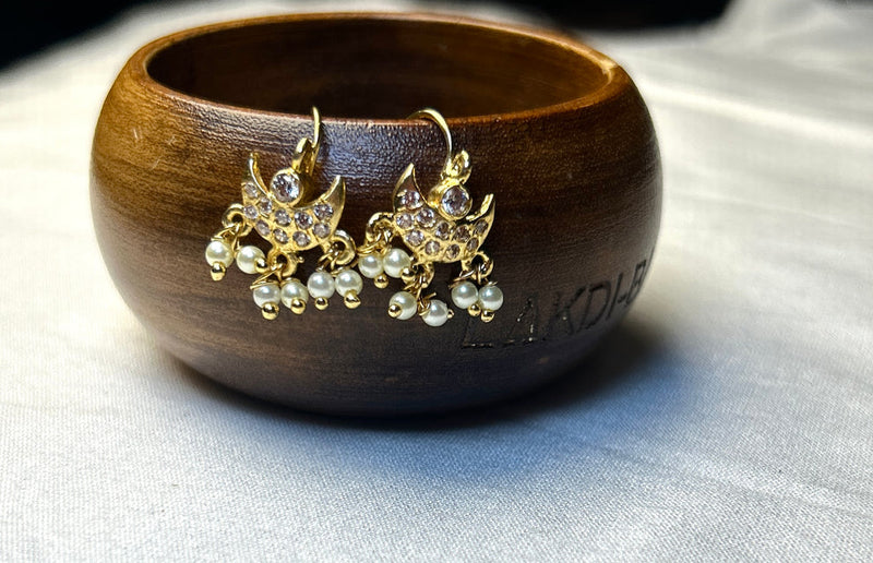 CZ Crescent Moon Bugdi Earrings with Pearl Drops Traditional Maharashtrian Ear Cuff