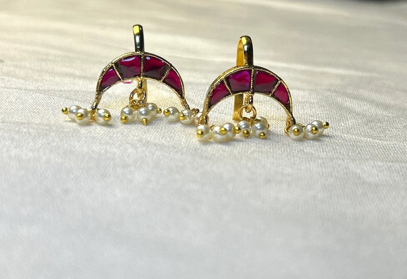 CZ Crescent Moon Bugdi Earrings with Pearl Drops Traditional Maharashtrian Ear Cuff