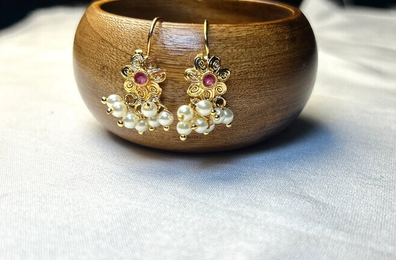 CZ Crescent Moon Bugdi Earrings with Pearl Drops Traditional Maharashtrian Ear Cuff