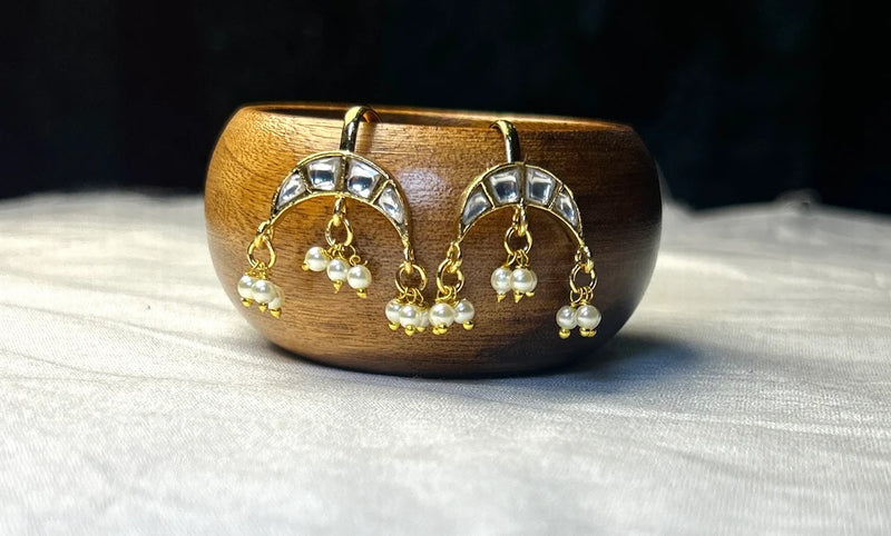 CZ Crescent Moon Bugdi Earrings with Pearl Drops Traditional Maharashtrian Ear Cuff