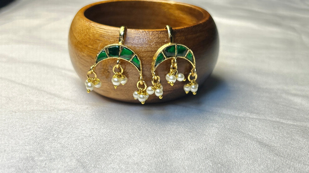 CZ Crescent Moon Bugdi Earrings with Pearl Drops Traditional Maharashtrian Ear Cuff