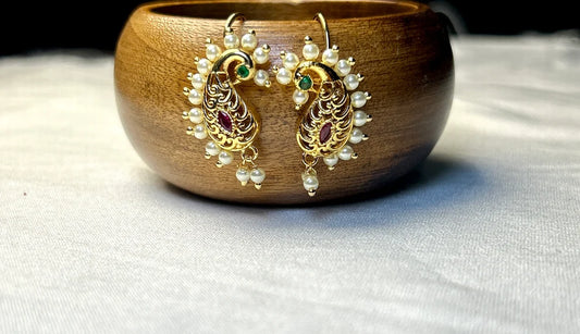 CZ Crescent Moon Bugdi Earrings with Pearl Drops Traditional Maharashtrian Ear Cuff
