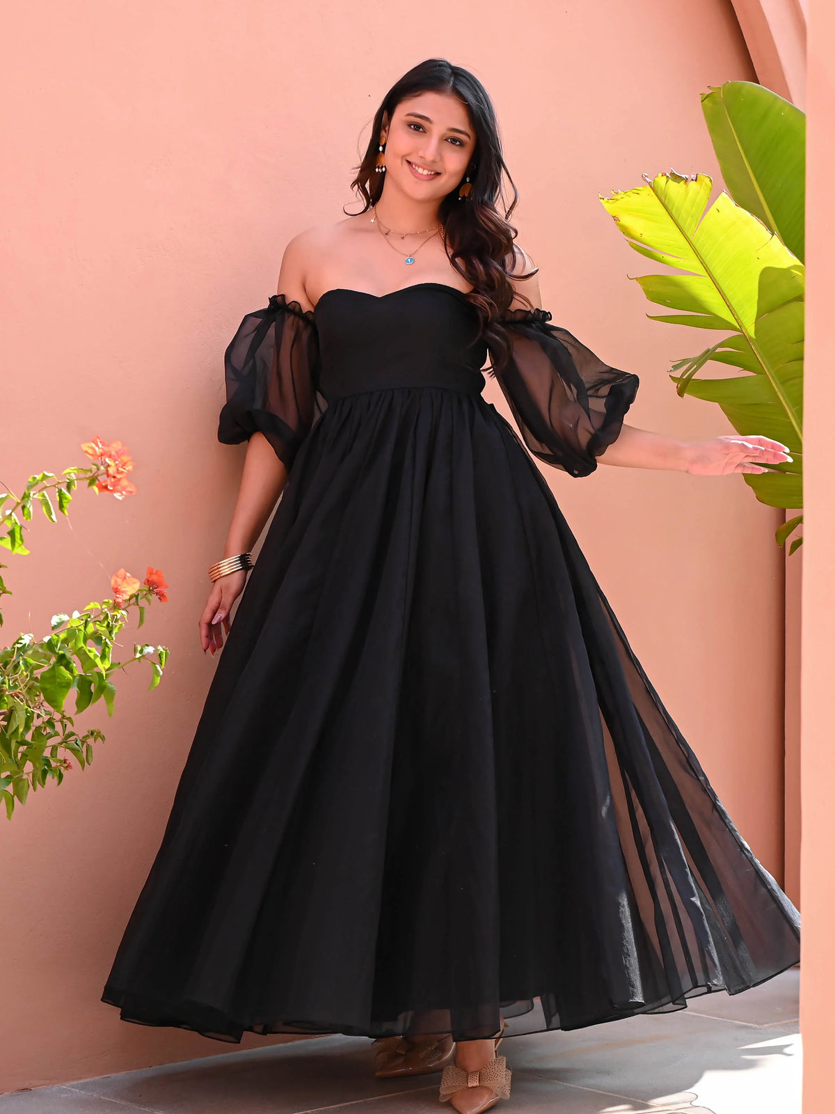 Black Organza Off-Shoulder Dress