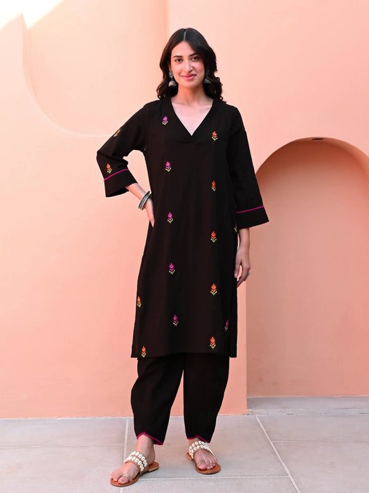 Black Embroidered Cotton Co-ord Set
