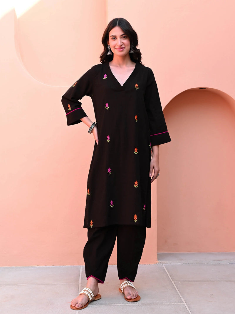Black Embroidered Cotton Co-ord Set