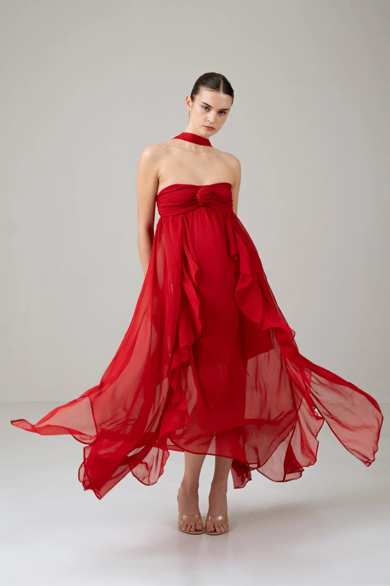 Crimson Rose Cascade Maxi Dress