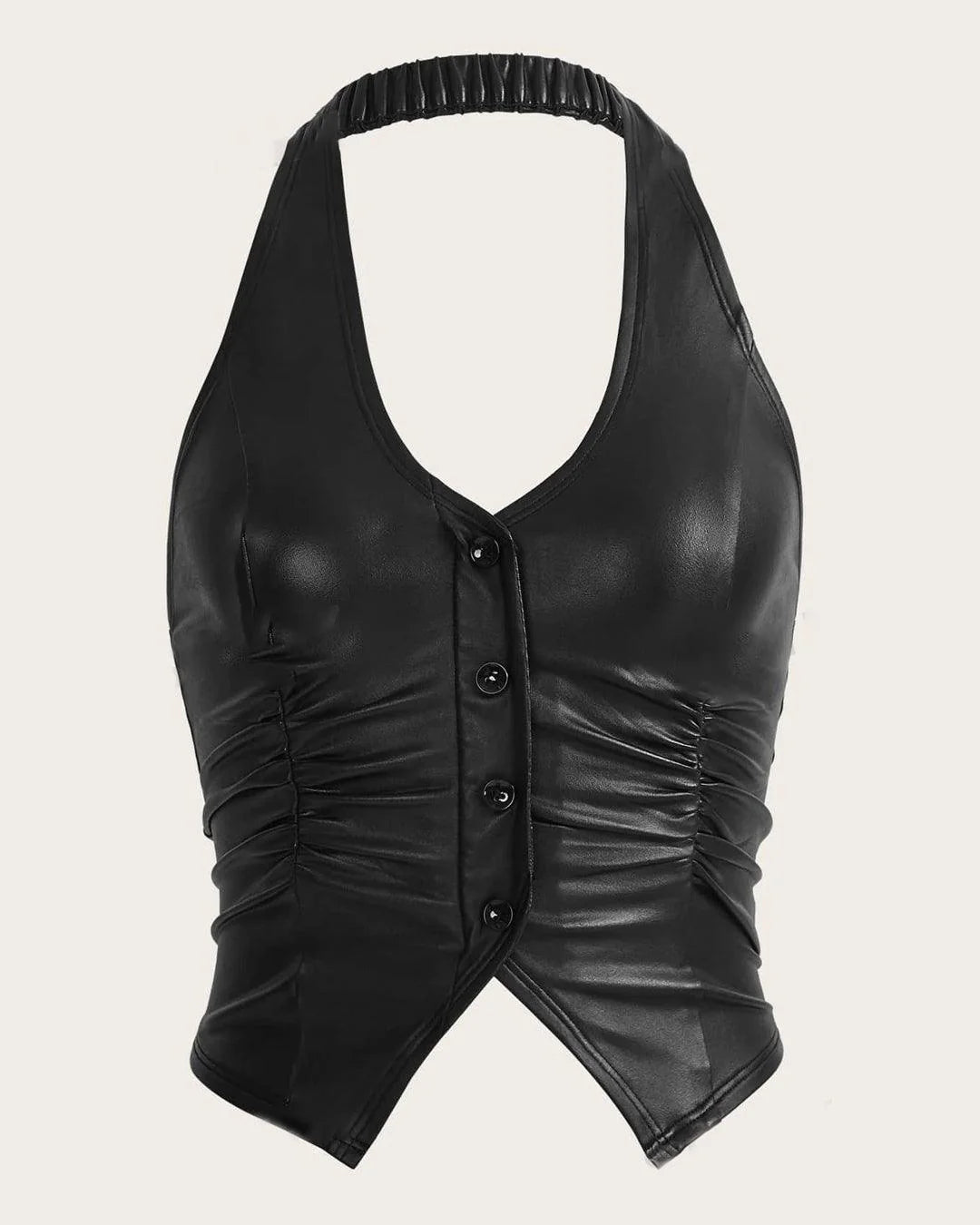 Button Front Backless Halter Black Corset Top