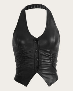 Button Front Backless Halter Black Corset Top