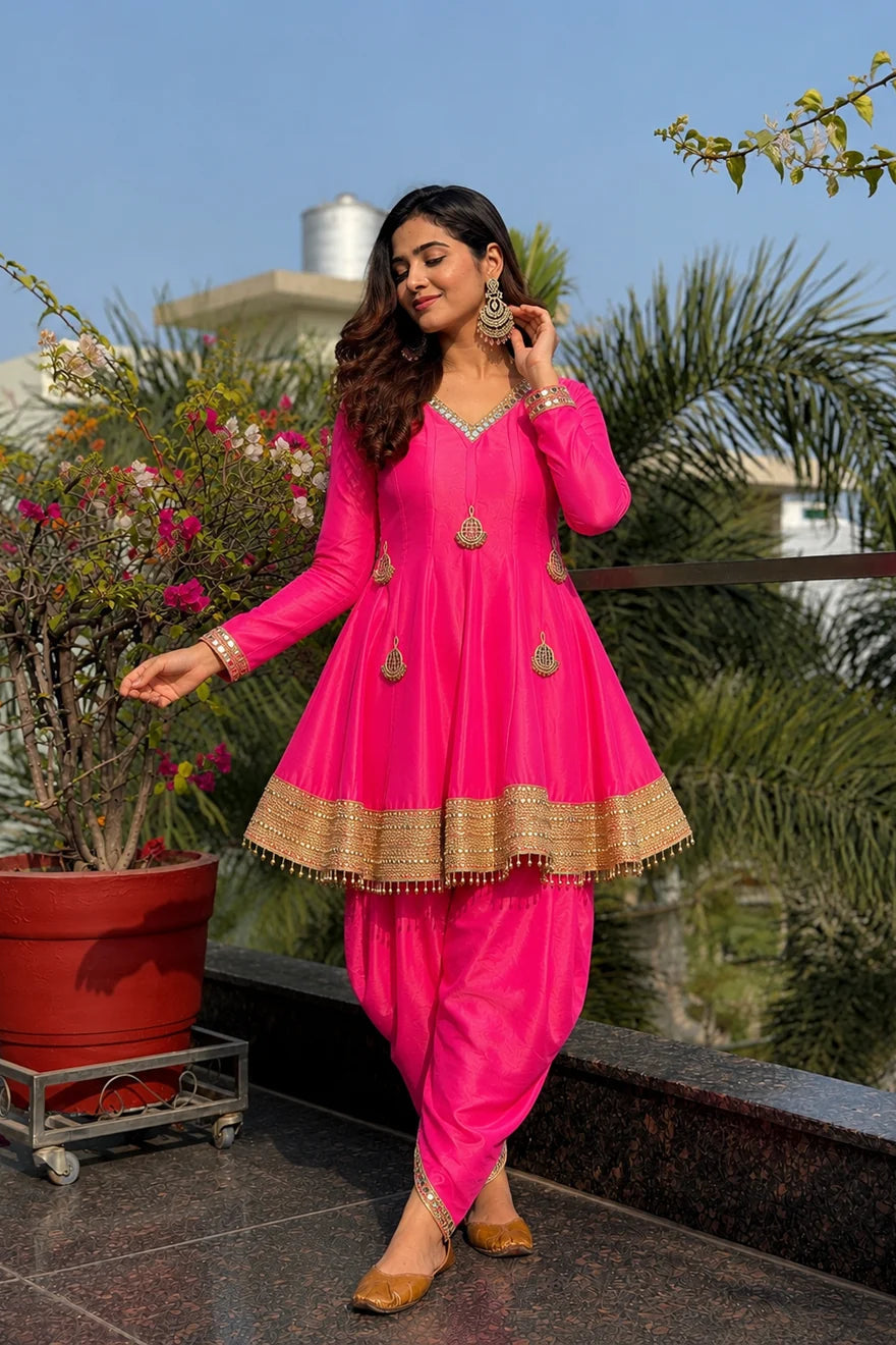 Gulnaar Pink Chanderi Silk Patiala Suit Set