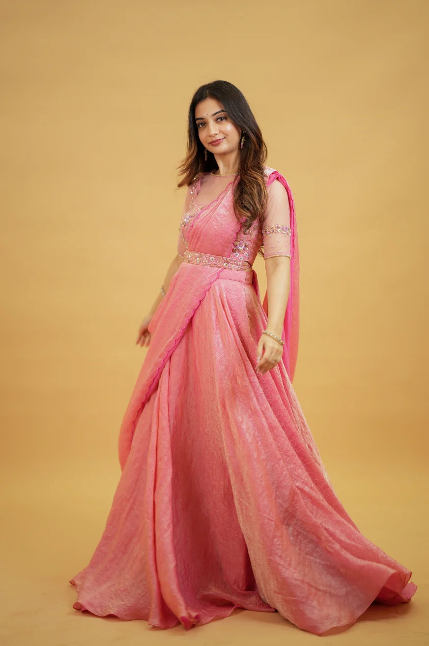 Premium Onion Pink Designer Lehenga Saree with Handworked Crop Top