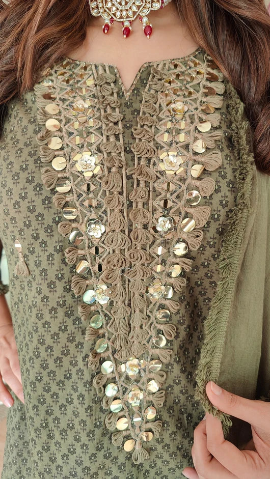 Ethnic Embroidered Maroon Long Yoke Sharara Set