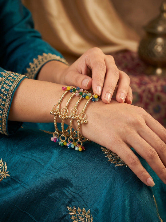 Gold-Plated Stone Studded & Beaded Bangles