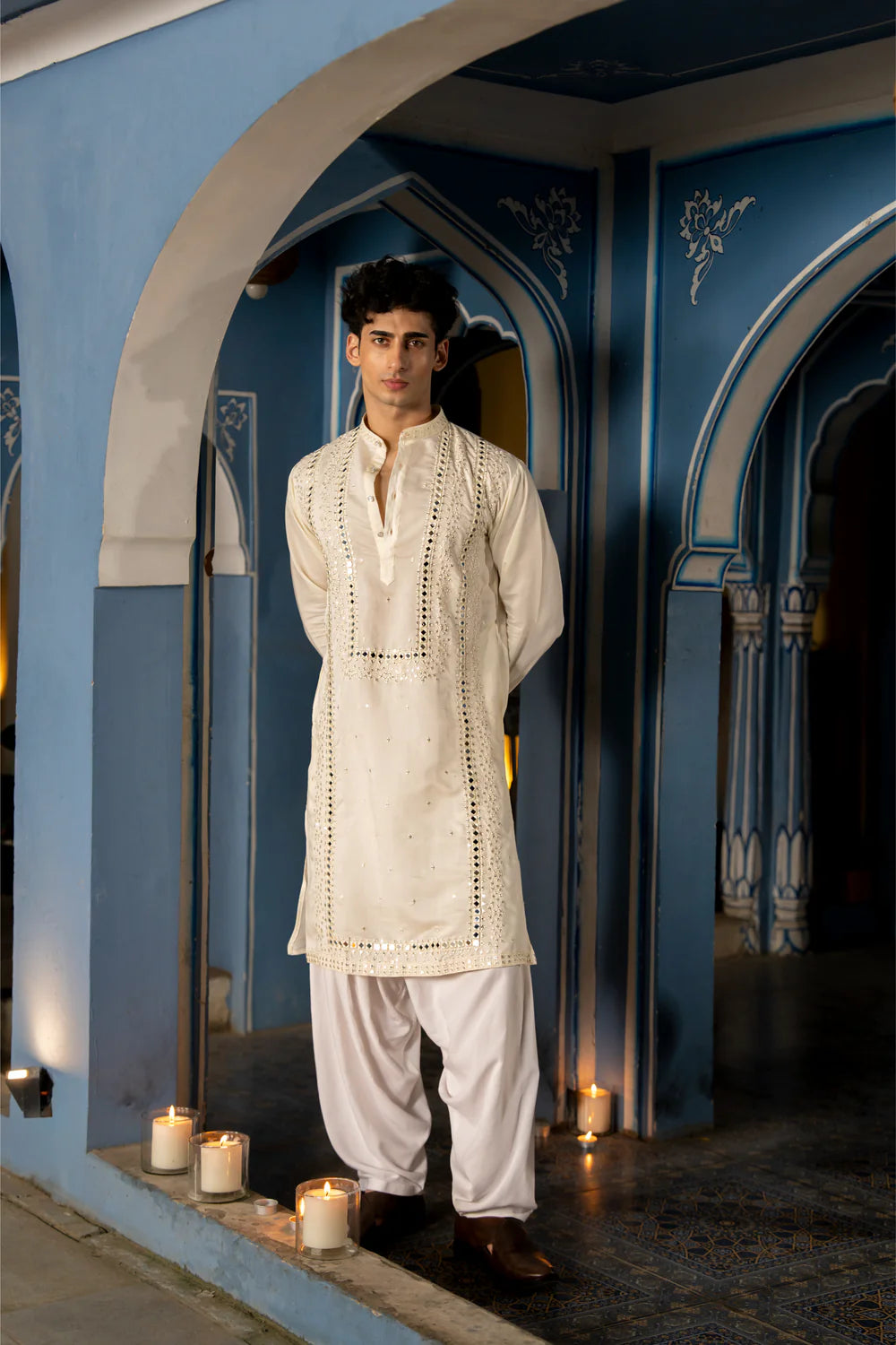 White Mirror Work Sparkling Mens Kurta