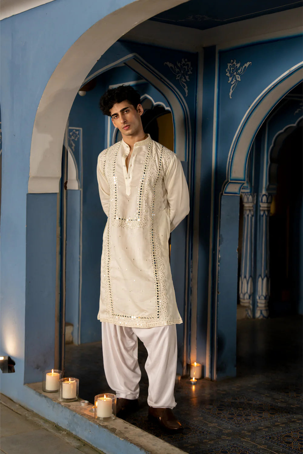 White Mirror Work Sparkling Mens Kurta