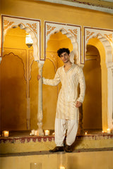 Off White Cotton Blend Sequin Mens Kurta
