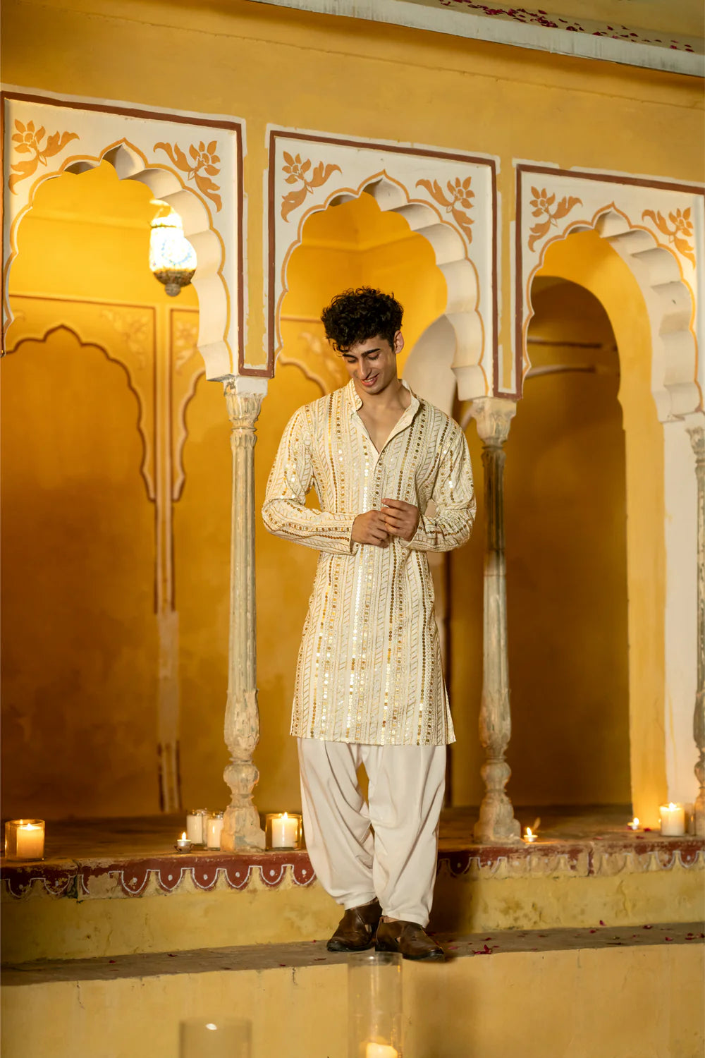 Off White Cotton Blend Sequin Mens Kurta