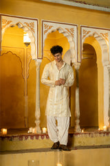 Off White Cotton Blend Sequin Mens Kurta
