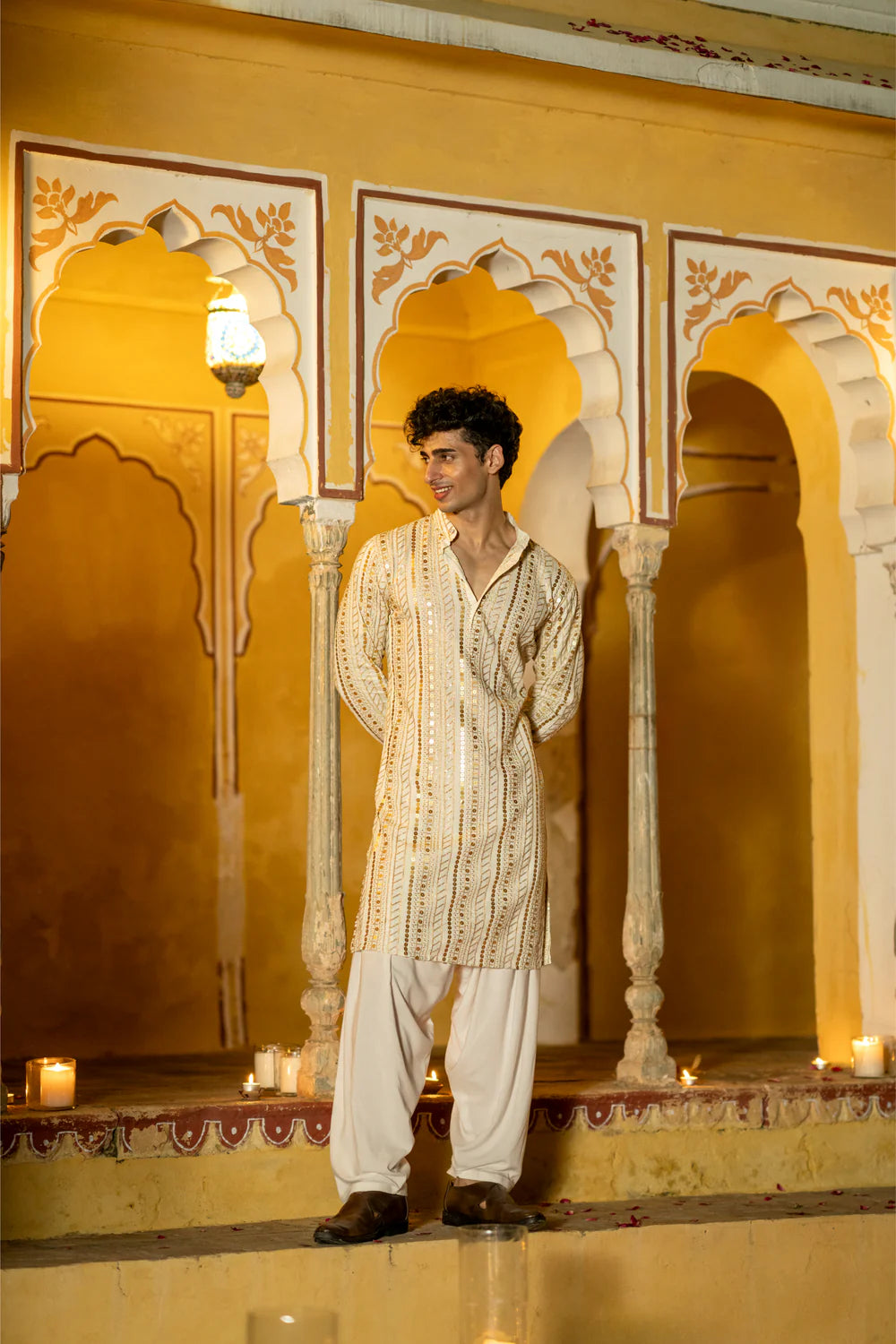 Off White Cotton Blend Sequin Mens Kurta
